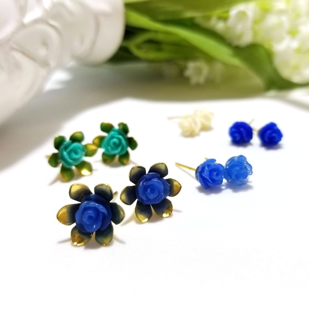 Pastel colored Resin rose earring studs | 5 pairs